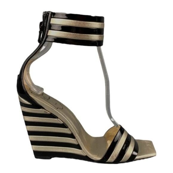 Roger Vivier Shoes - ROGER VIVIER Black Gold Stripe Patent Leather Wedge Sandals Sz 40 US 10